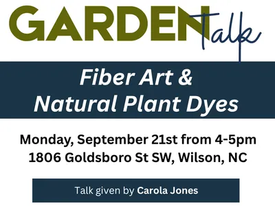 Mon. 9/21 from 4-5pm, our next Garden Talk features local artist Carola Jones, a fifth-generation natural dye practitioner and fiber artist. Carola will share her work and explore the fascinating process of creating natural plant dyes.