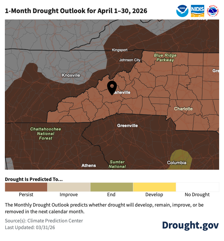 NOAA Drought Monitoring Outlook which states that severe drought in Buncombe County will persist in 1-month.