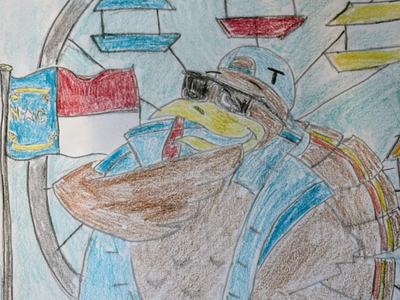Child's illustration of turkey in front of a ferris wheel with NC State Flag wearing shades and cool sneakers at the State Fair