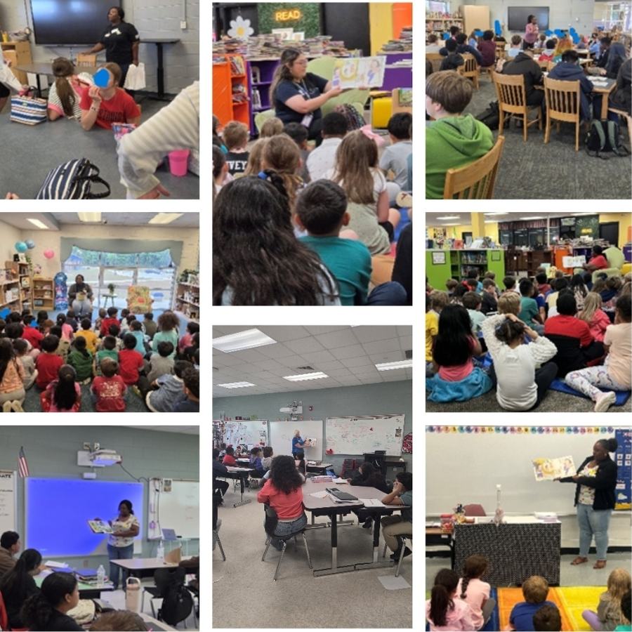 Collage of Students being read to in a classroom environment with back of students facing the camera.