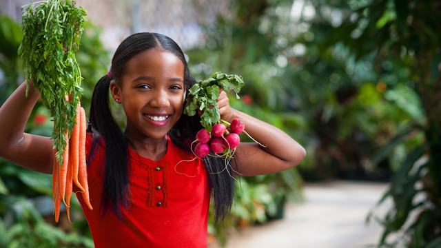 A smiling girl with pigtails in a red shirt holds up some carrots and radishes