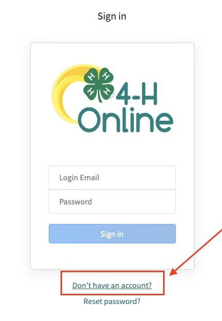Screenshot of 4-H Online login screen showing location of "Don't Have an Account?" link