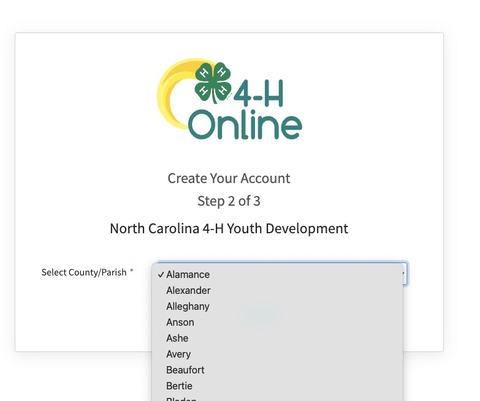 Screenshot of county dropdown menu