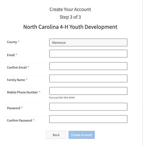 Screenshot of entry form to create a 4-H Online account