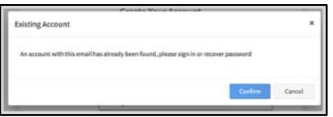 Screenshot of error for existing account