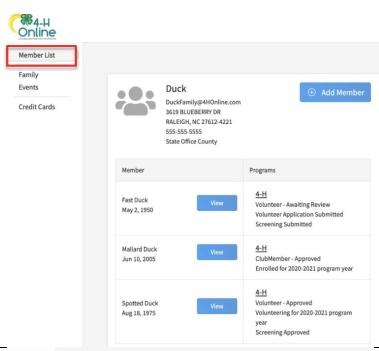 Screenshot of Member List page