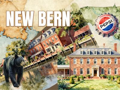 Image of Newbern NC with a bear and Pepsi cap. Also features the riverfront hotel.