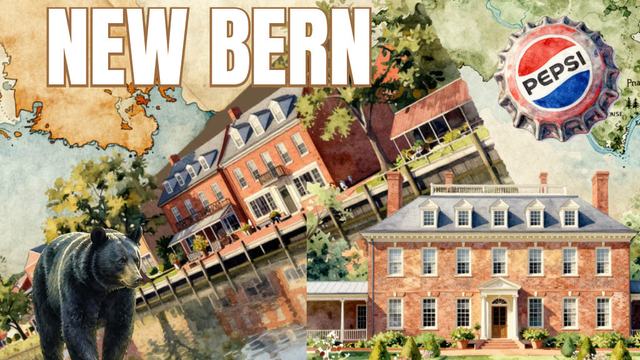 Image of Newbern NC with a bear and Pepsi cap. Also features the riverfront hotel.