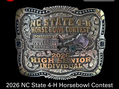 A picture of the buckle awarded to the high individual in the 2026 NC State 4-H Horse Bowl Contest