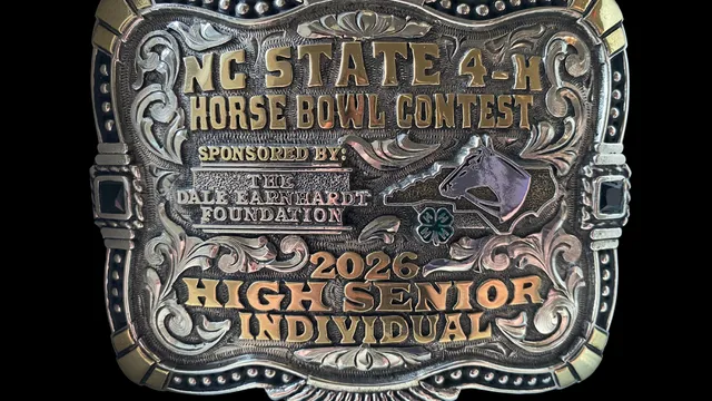 A picture of the buckle awarded to the high individual in the 2026 NC State 4-H Horse Bowl Contest