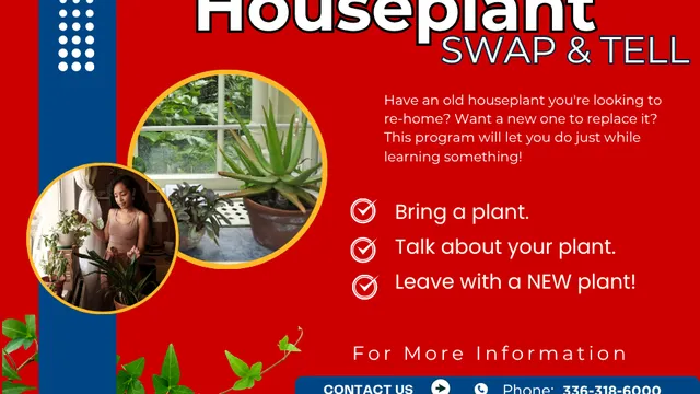 A red and blue flyer with the title "Houseplant SWAP & TELL." The flyer explains a program to re-home old houseplants, swap them for new ones, and learn about plants.