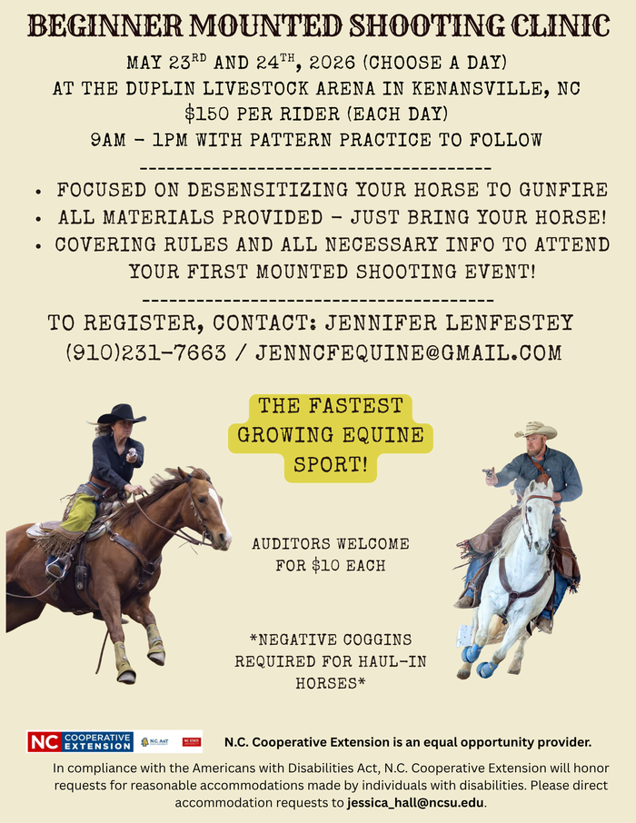 The beginner mounted shooting clinic has two available dates, you will choose May 23rd or May 24, 2026.  The clinic will be in Kenansville, NC, from 9 am to 1 pm each day.