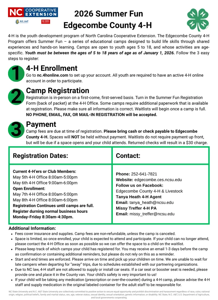 Informational page describing how and when to register for summer camps.