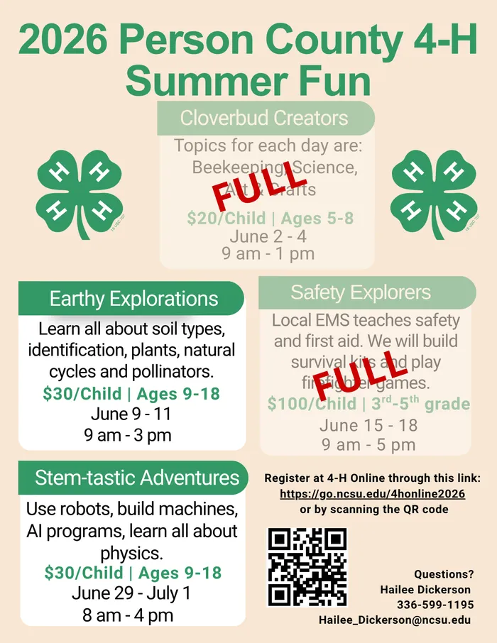 4-H Summer Fun! Day and overnight camps from June 2 - July 29. Camps for ages 5-18.