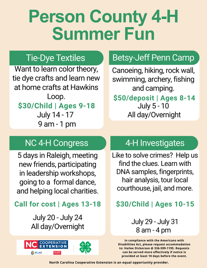4-H Summer Fun! Day and overnight camps from June 2 - July 29. Camps for ages 5-18. Register: https://go.ncsu.edu/4honline2026.