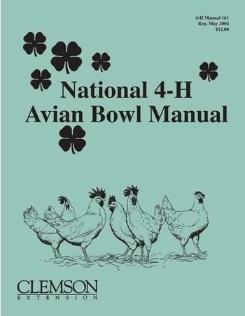 National 4-H Avian Bowl Manual with clover icons, chicken line drawing, CLEMSON EXTENSION
