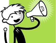 Cartoon person holding a megaphone with radiating lines on a green background