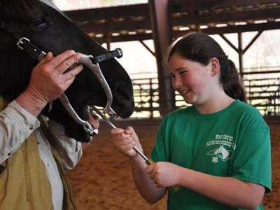Child holds a dental tool while an adult holds a metal speculum in a horse's mouth inside a barn