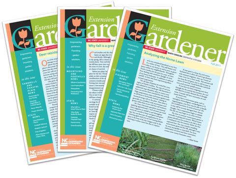 Three overlapping "Extension Gardener" NC State Cooperative Extension newsletter covers