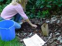 A gardener kneeling in the garden with a plastic bucket, forms and a collection box for submitting a soil sample.