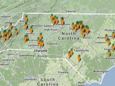 North Carolina map showing carrot icons marking multiple locations across the state