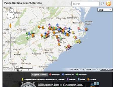 Map titled "Public Gardens" showing colored location pins across North Carolina