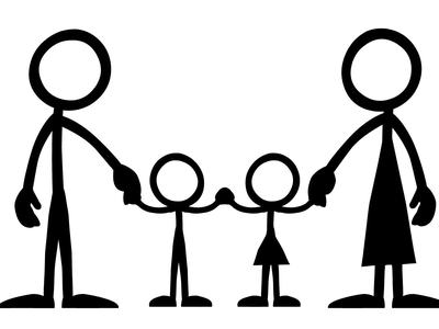 Black stick-figure parents holding hands with two children between them