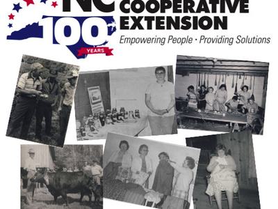 NC Cooperative Extension 100 years logo; collage of historical farm and community photos