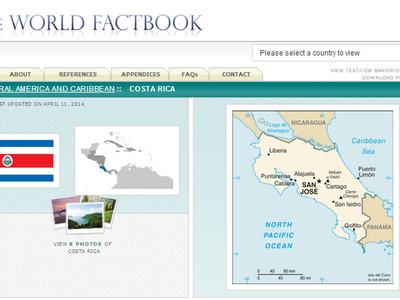 The World Factbook page for Costa Rica showing flag, regional map, and map labeled SAN JOSÉ