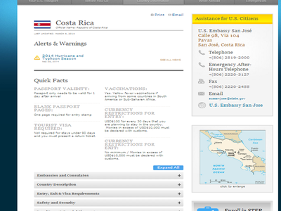 U.S. Passports & International Travel page: Costa Rica; "Assistance for U.S. Citizens" sidebar visible