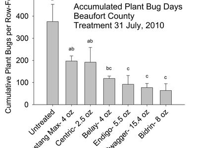 Cumulative plant bugs per row foot 14 days after treatment.