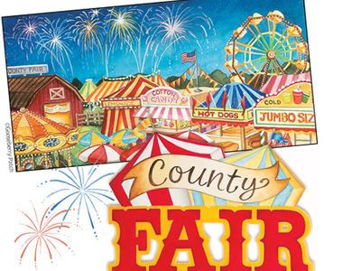 County Fair banner and sign over carnival with ferris wheel, food stands, fireworks