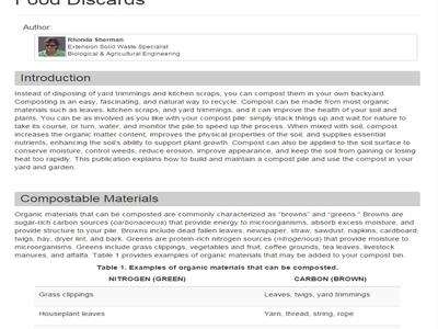 Document titled "Backyard Composting of Yard, Garden, and Food Discards" by Rhonda Sherman