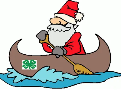 Santa Claus paddling a canoe with a green four-leaf clover emblem on blue water