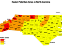 North Carolina map labeled "Radon Potential Zones in North Carolina", counties colored by zones 1–3