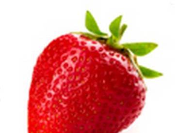 Single ripe red strawberry with green leaves (calyx) on white background