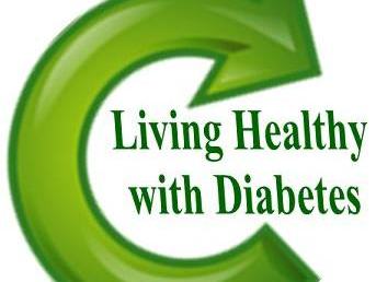 Green circular arrow surrounding text "Living Healthy with Diabetes"