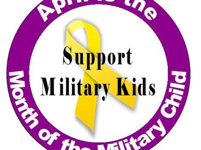 Purple ring with yellow ribbon and text "Support Military Kids" and "April is the Month of the Military Child"