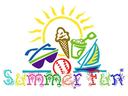 Bright summer icons (sun, sunglasses, ice cream, bucket, sailboat, baseball) with text "Summer Vacation"
