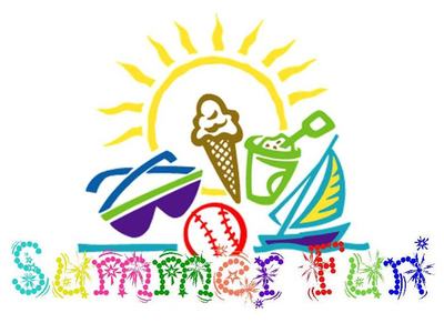 Bright summer icons (sun, sunglasses, ice cream, bucket, sailboat, baseball) with text "Summer Vacation"