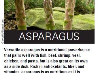 Three asparagus spears before a mossy rock; bold text "ASPARAGUS" with a descriptive paragraph.
