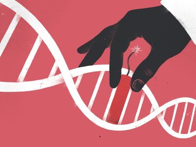 Dark hand holding a lit fuse touching a white DNA double helix on red background