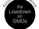 Black circle reading "the Lowdown on GMOs"; arced text above: "According to Science"