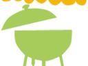 Green barbecue grill with open lid on three legs beneath a yellow scalloped awning