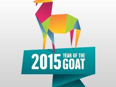 Colorful geometric goat standing above a ribbon reading "2015 Year of the Goat"