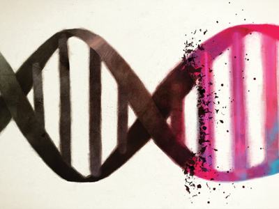 DNA double helix transitioning from black to pink, right side breaking into splattered fragments
