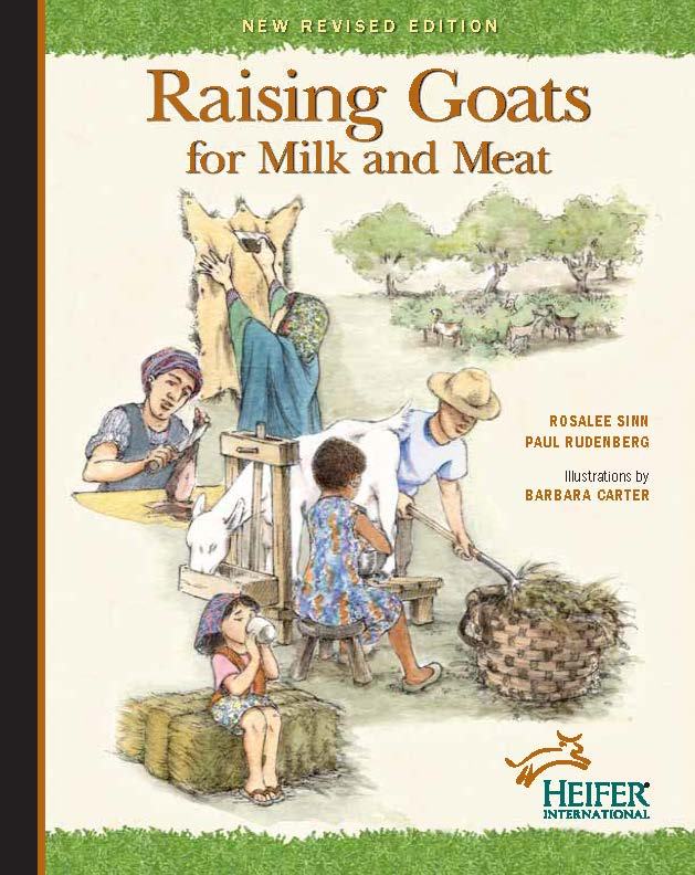 Book cover: Raising Goats for Milk and Meat; illustration of people milking and feeding goats