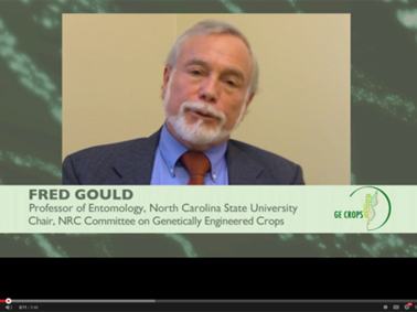 Man speaking; on-screen text: Professor of Entomology, NC State; Chair, NRC on Engineered Crops