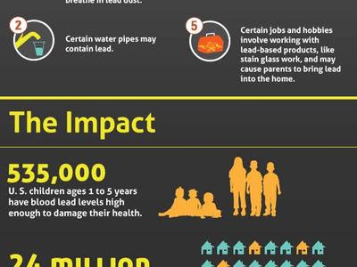 Poster titled Prevent Childhood Lead Poisoning showing lead sources, impacts, and prevention.