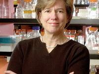 Person standing with arms crossed in a laboratory, shelves of reagent bottles behind